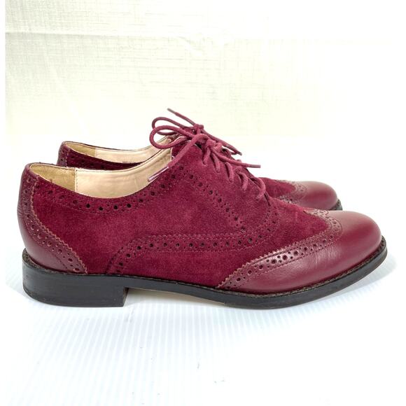 COLE HAAN Skylar Suede Leather Oxfords Size 6.5 Burgundy Wingtip Classic Preppy - Picture 2 of 12